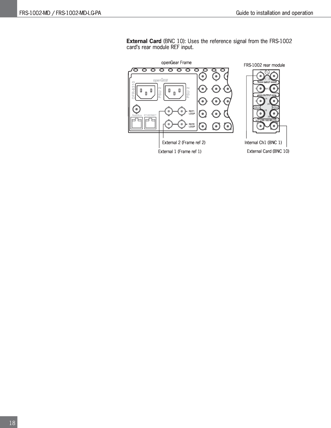 Algolith FRS-1002-MD operation manual DFR-8310, openGear, External Card BNC, REF1, RossBus, Ethernet, Loop, REF2 