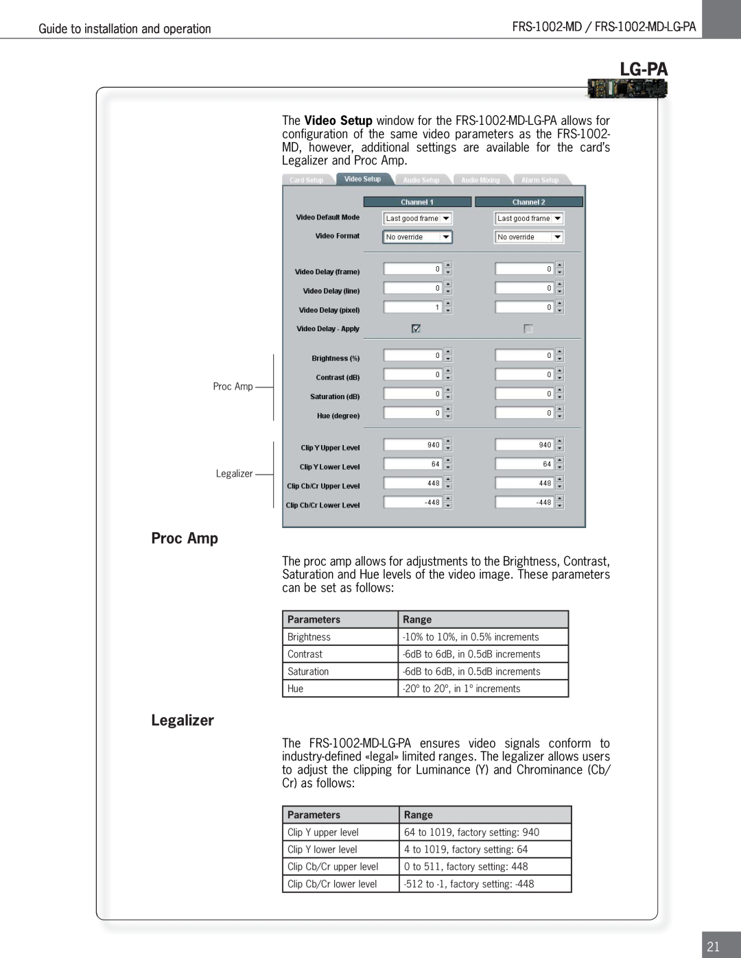 Algolith FRS-1002-MD operation manual Proc Amp, Legalizer, Lg-Pa, Parameters, Range 