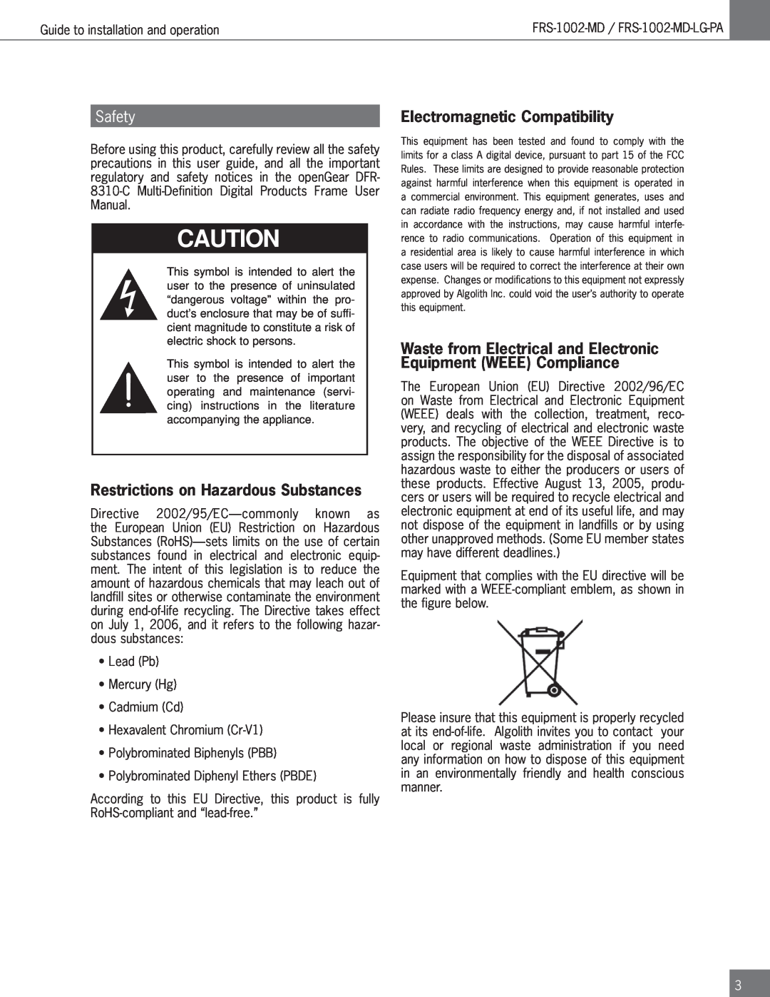 Algolith FRS-1002-MD operation manual Restrictions on Hazardous Substances, Electromagnetic Compatibility 