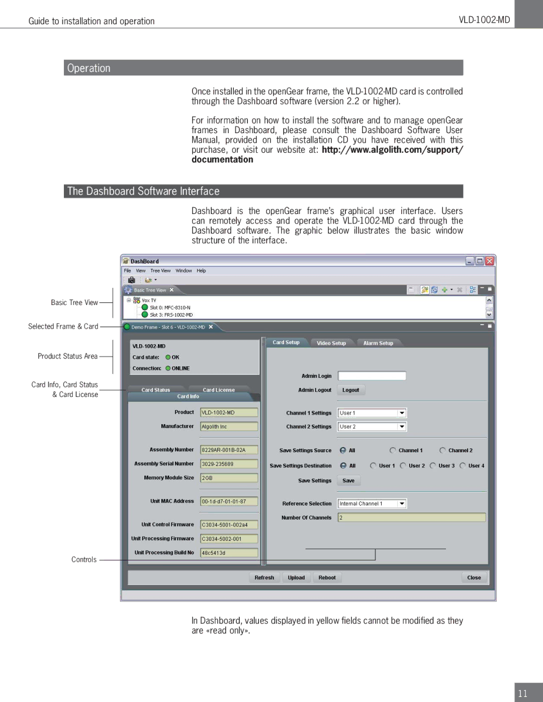 Algolith VLD-1002-MD operation manual Operation, Dashboard Software Interface 