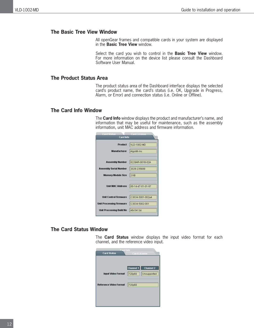 Algolith VLD-1002-MD operation manual Basic Tree View Window, Product Status Area, Card Info Window, Card Status Window 