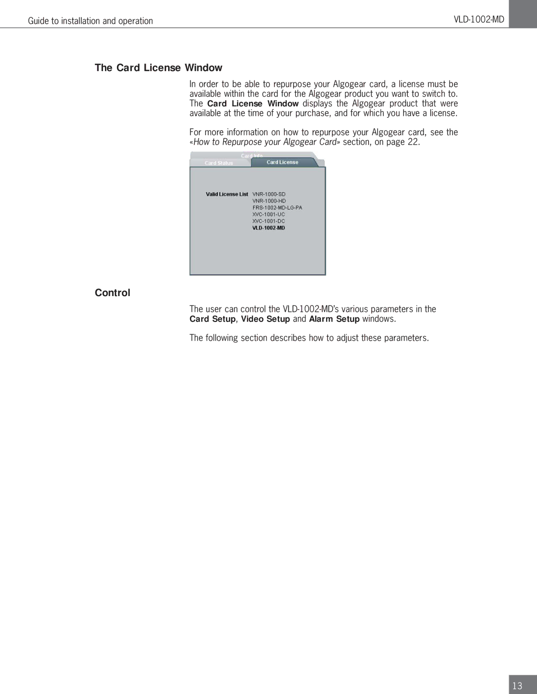 Algolith VLD-1002-MD operation manual Card License Window, Control, Card Setup, Video Setup and Alarm Setup windows 