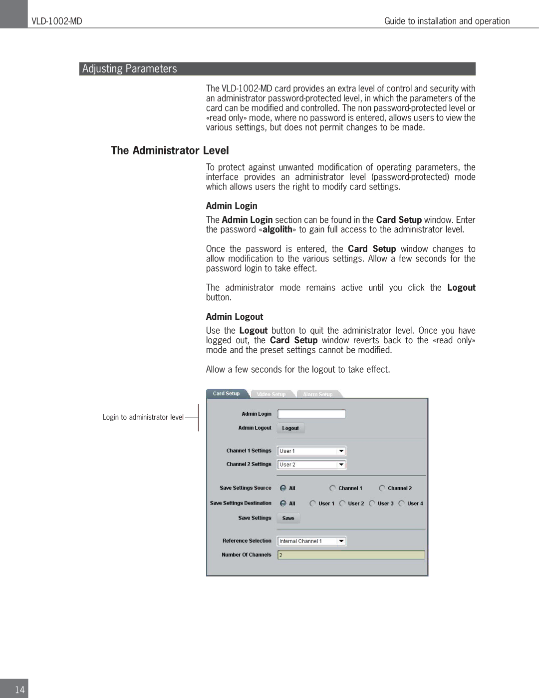 Algolith VLD-1002-MD operation manual Adjusting Parameters, Administrator Level, Admin Login, Admin Logout 