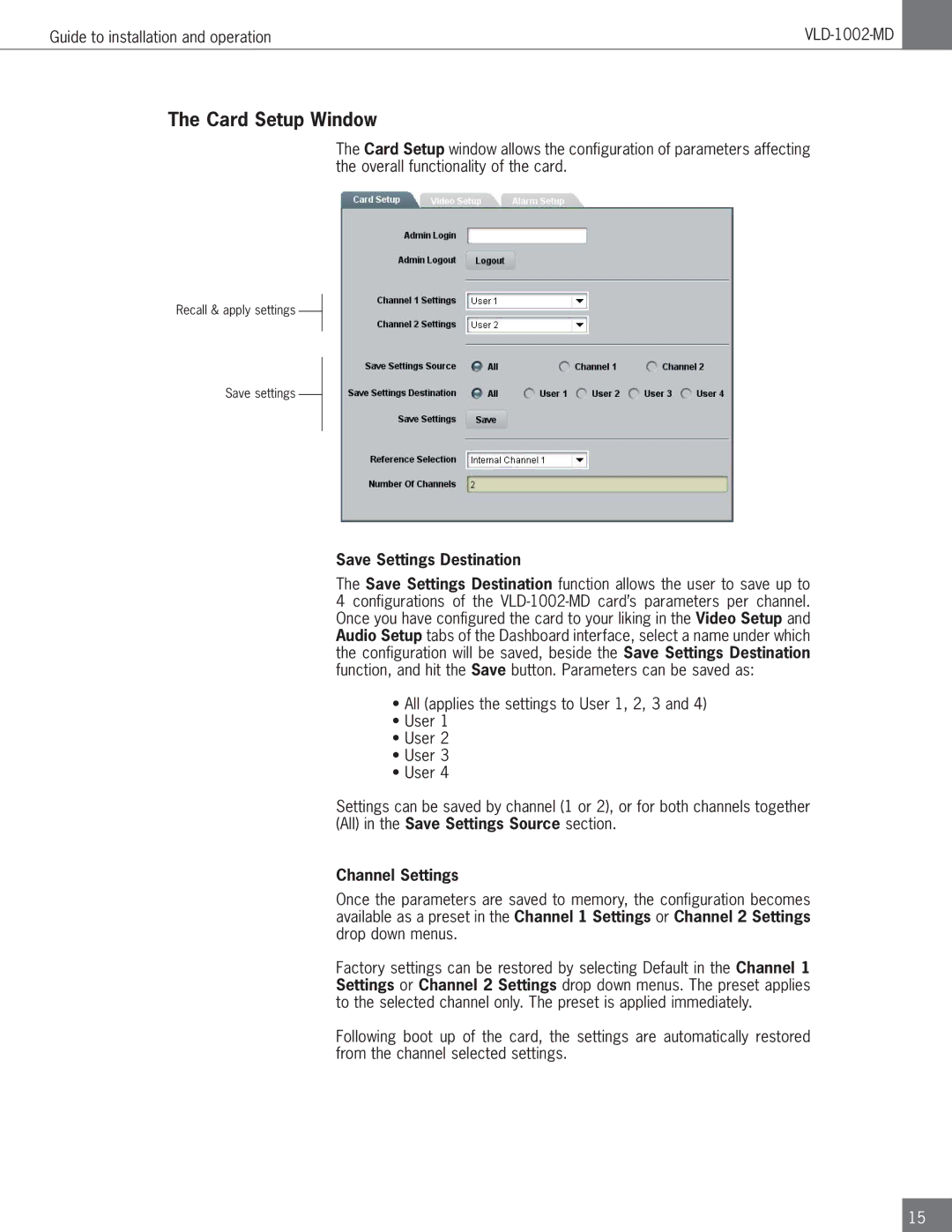 Algolith VLD-1002-MD operation manual Card Setup Window, Save Settings Destination, Channel Settings 