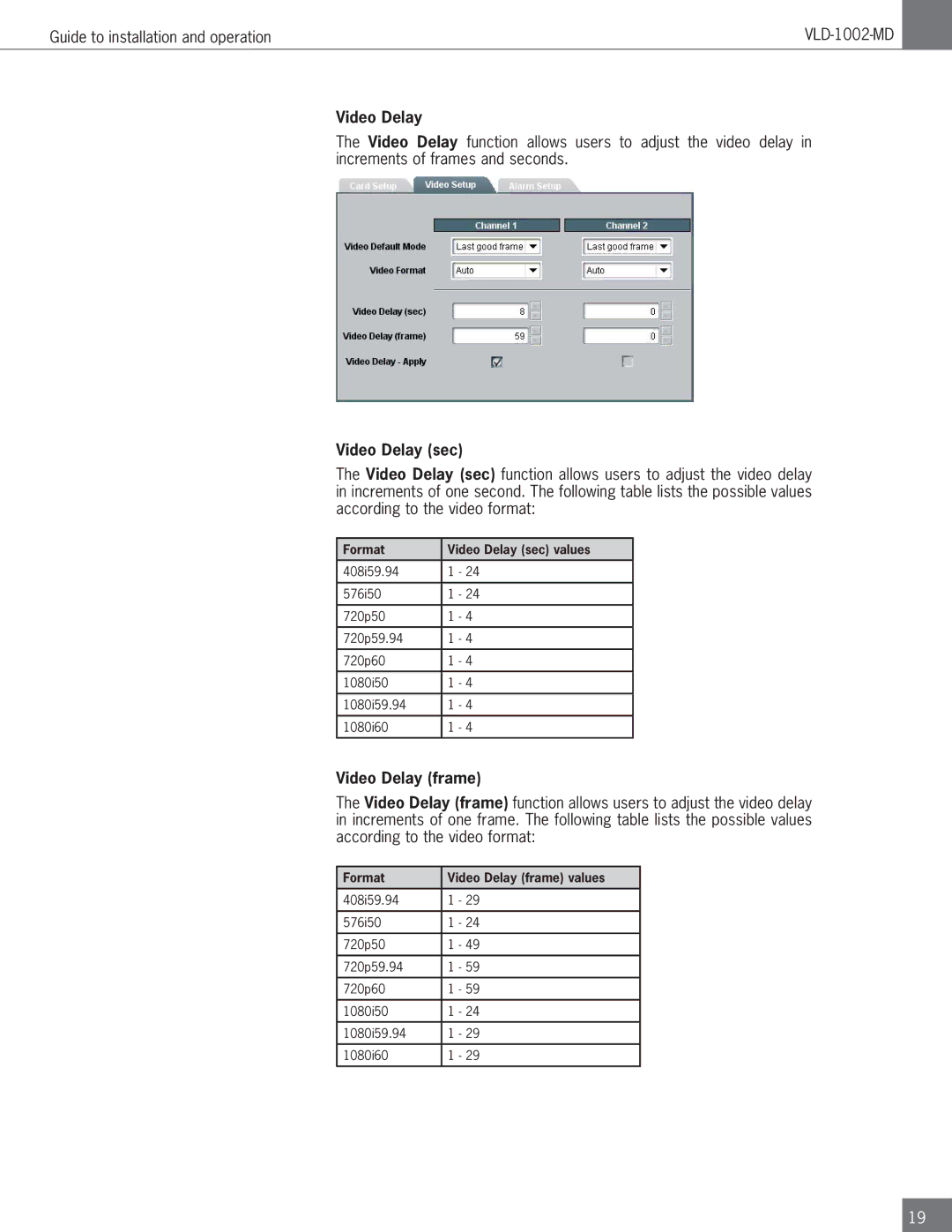 Algolith VLD-1002-MD operation manual Video Delay sec, Video Delay frame 