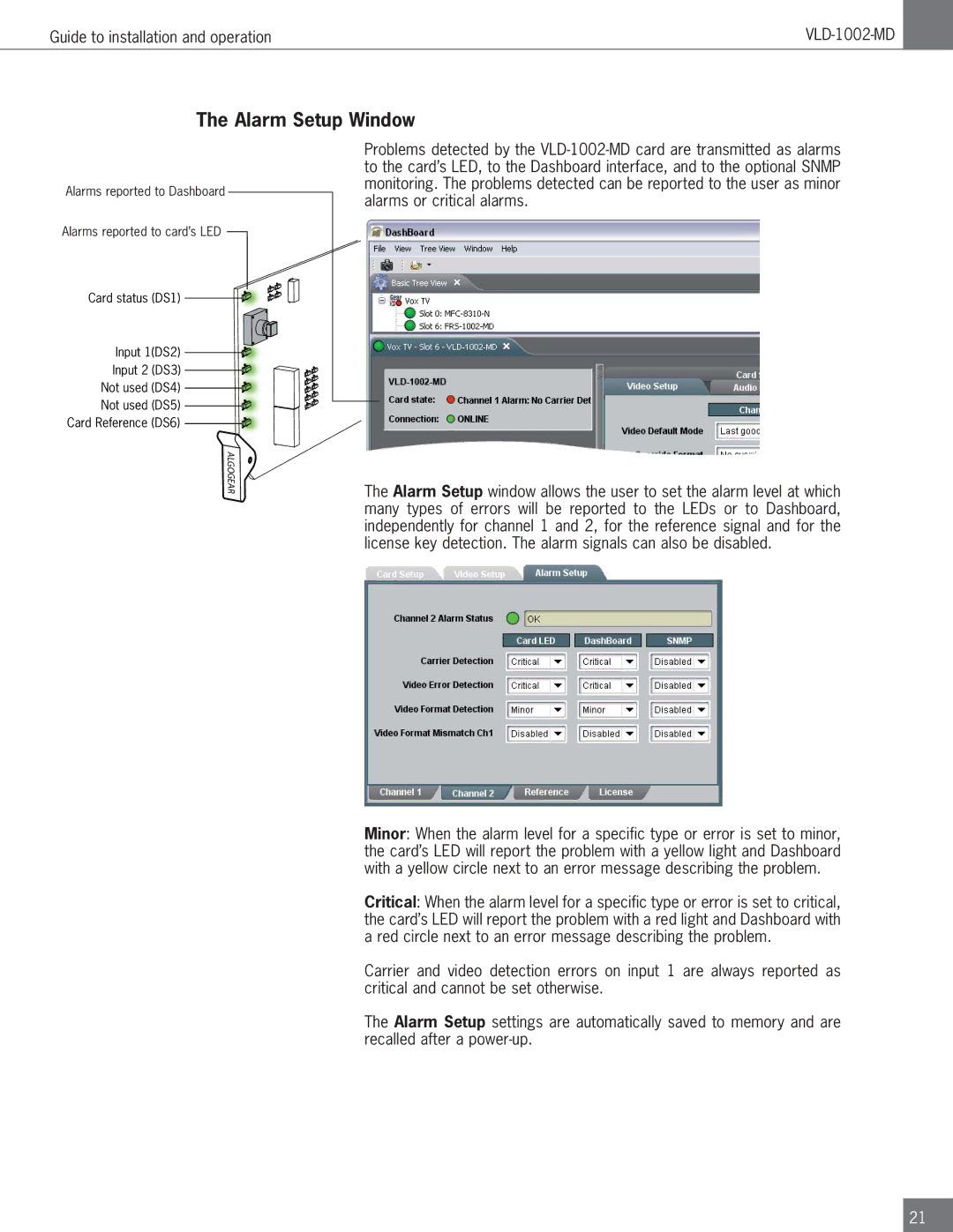 Algolith VLD-1002-MD operation manual Alarm Setup Window 