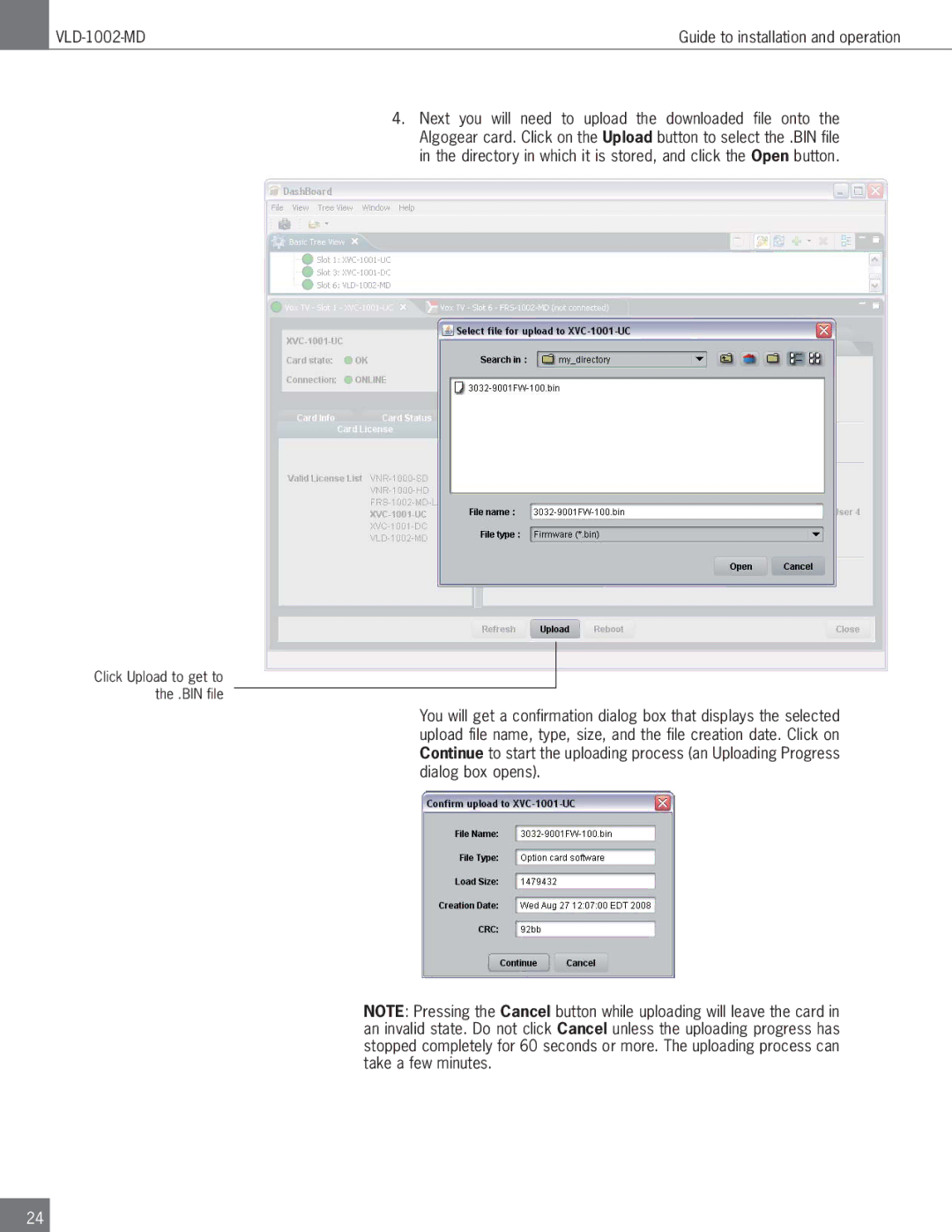 Algolith VLD-1002-MD operation manual Click Upload to get to the .BIN file 