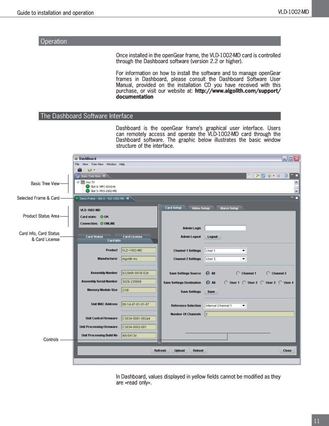 Algolith VLD-1002-MD operation manual Operation, The Dashboard Software Interface 