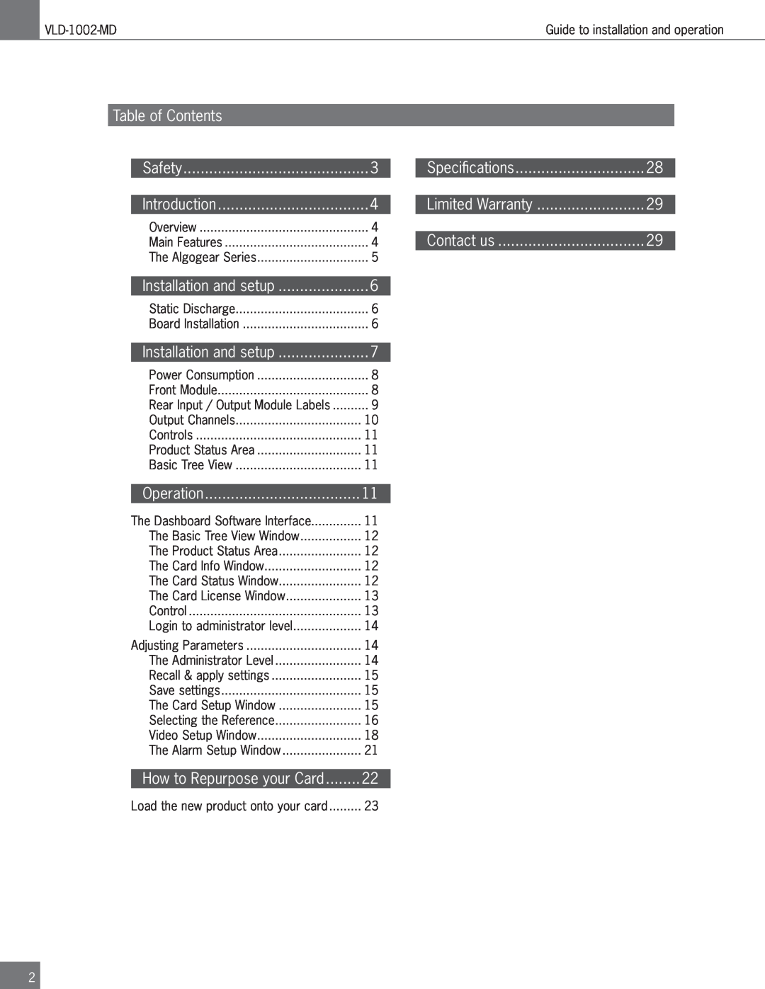 Algolith VLD-1002-MD operation manual Table of Contents 