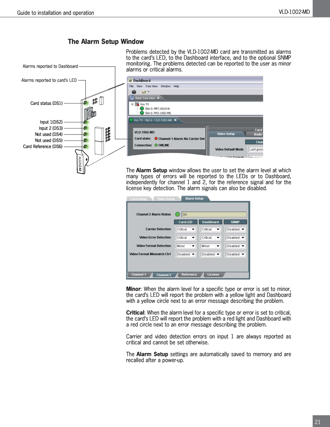 Algolith VLD-1002-MD operation manual The Alarm Setup Window 