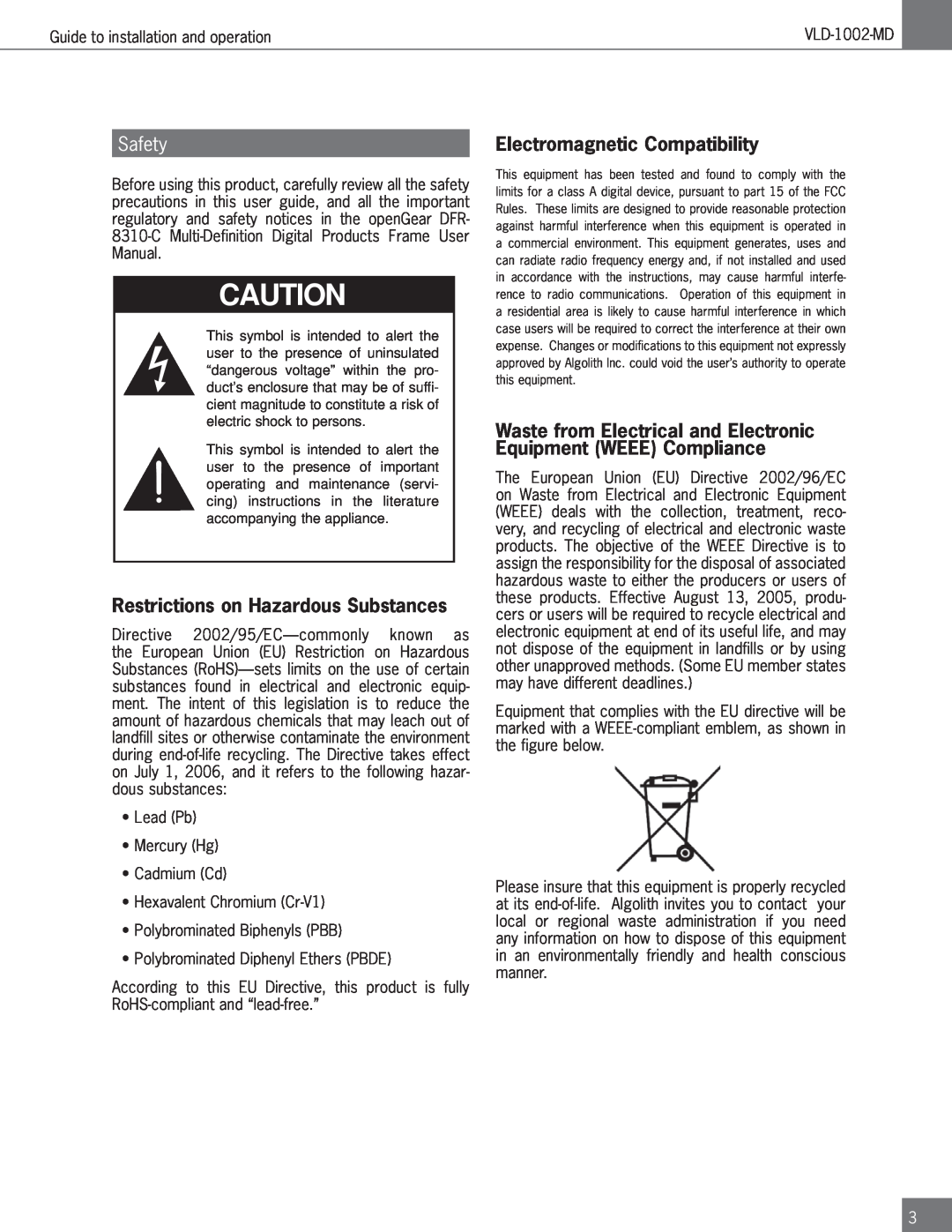 Algolith VLD-1002-MD operation manual Restrictions on Hazardous Substances, Electromagnetic Compatibility 