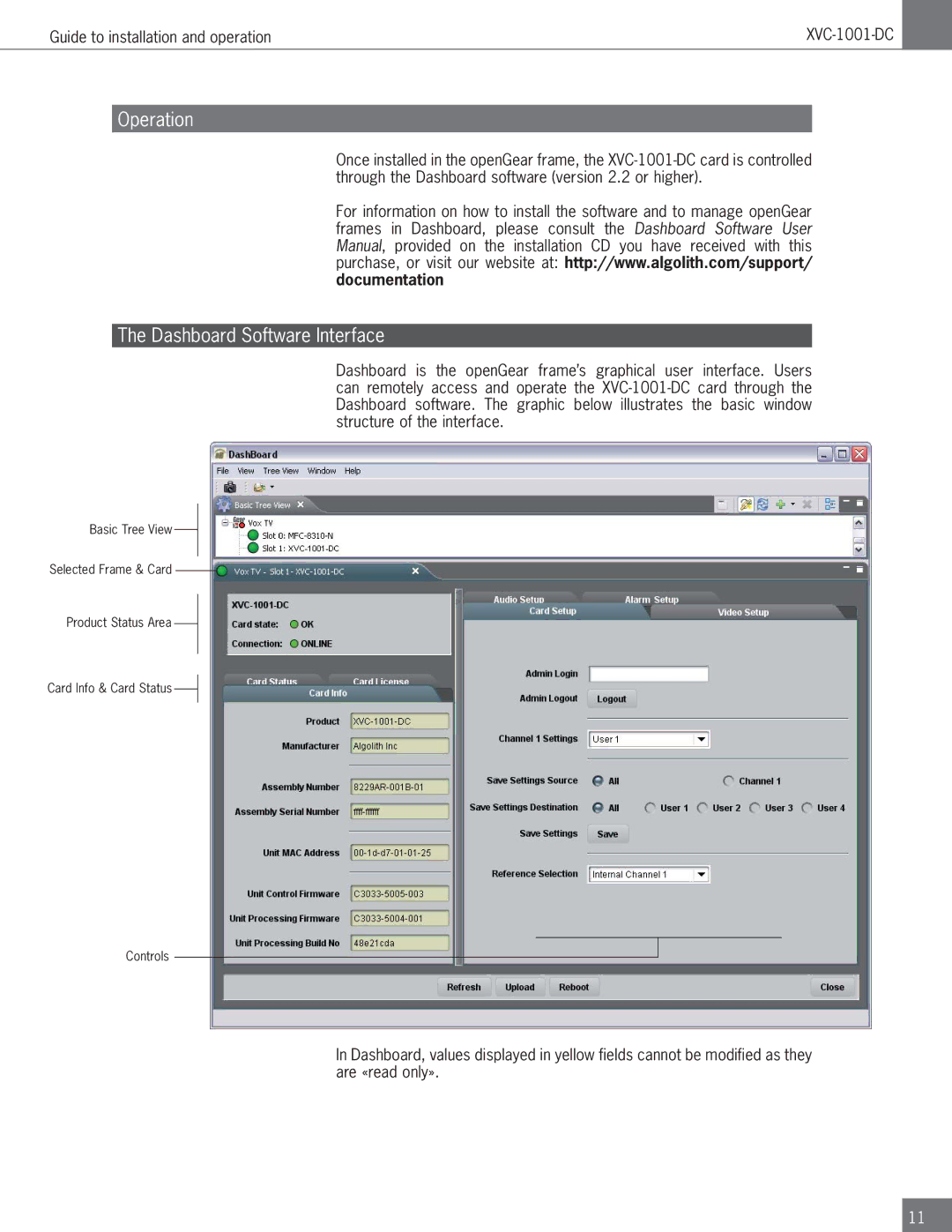 Algolith XVC-1001-DC operation manual Operation, Dashboard Software Interface 