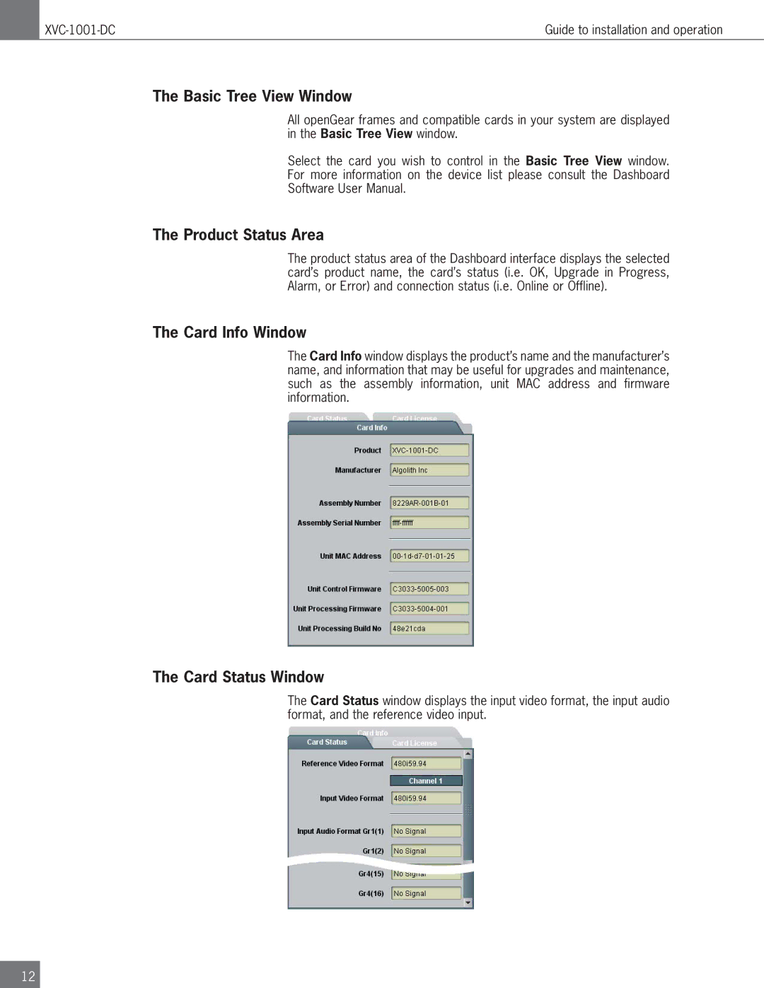 Algolith XVC-1001-DC operation manual Basic Tree View Window, Product Status Area, Card Info Window, Card Status Window 