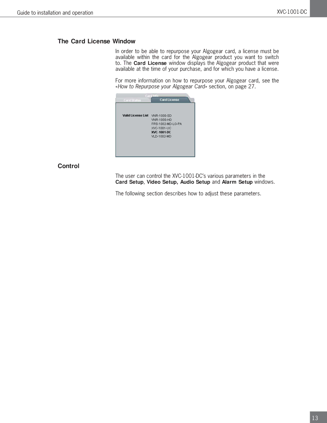 Algolith XVC-1001-DC operation manual Card License Window, Control 