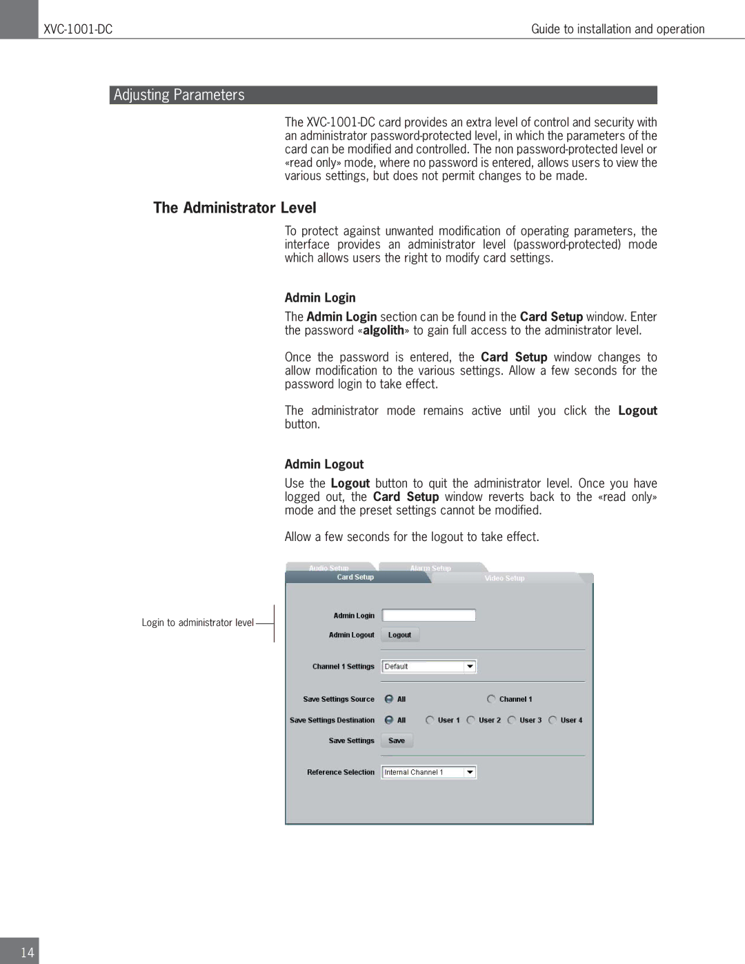 Algolith XVC-1001-DC operation manual Adjusting Parameters, Administrator Level, Admin Login, Admin Logout 