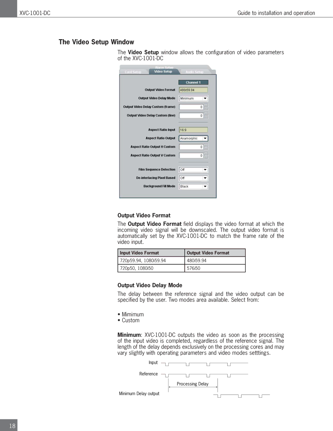 Algolith XVC-1001-DC operation manual Video Setup Window, Output Video Format, Output Video Delay Mode 