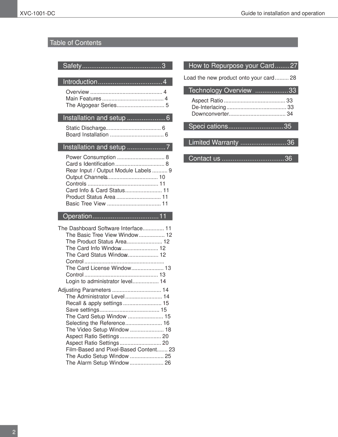 Algolith XVC-1001-DC Table of Contents Safety Introduction, Installation and setup, Operation, How to Repurpose your Card 