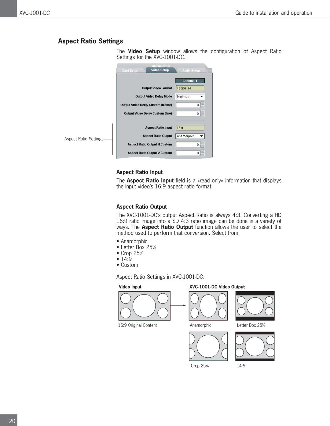 Algolith XVC-1001-DC operation manual Aspect Ratio Settings, Aspect Ratio Input, Aspect Ratio Output 