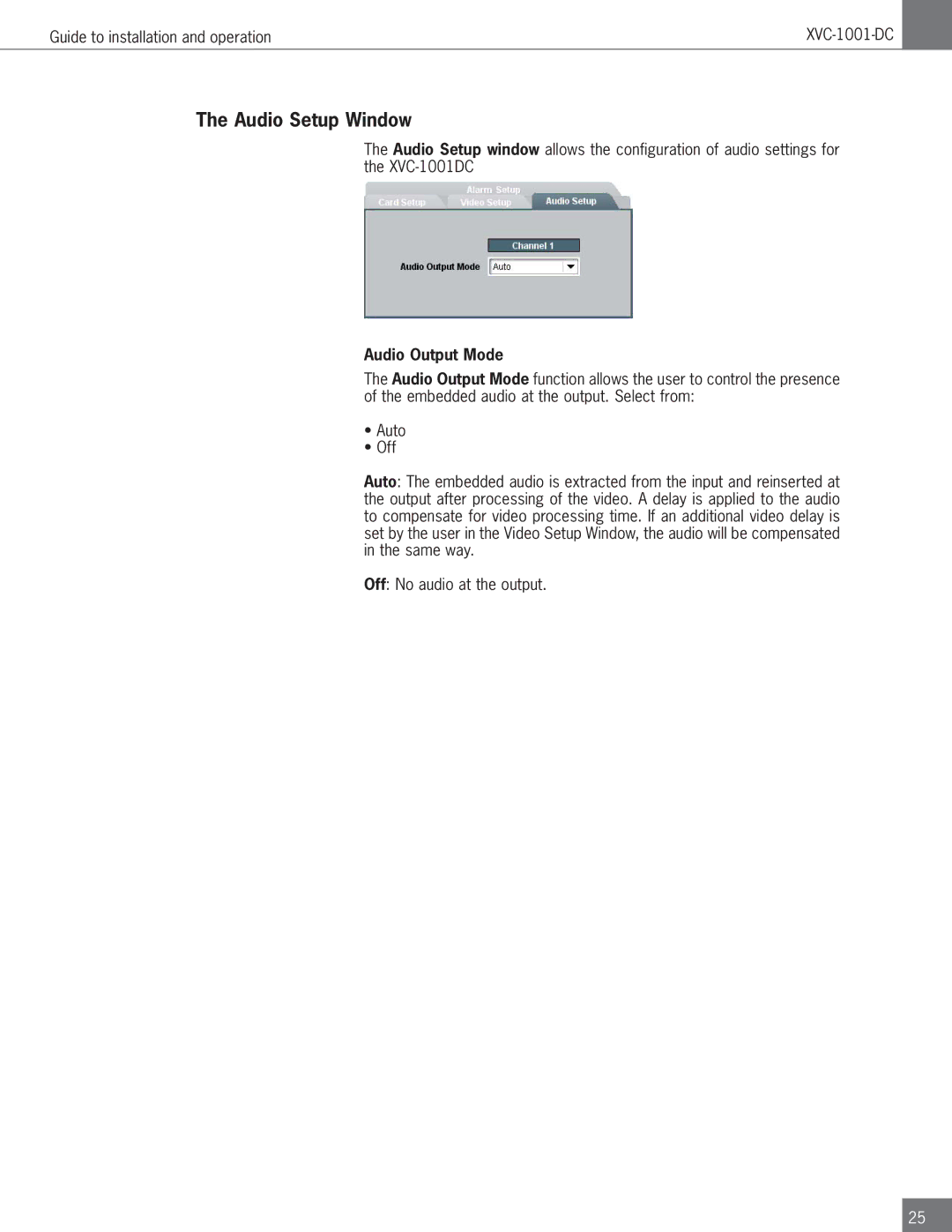 Algolith XVC-1001-DC operation manual Audio Setup Window, Audio Output Mode 