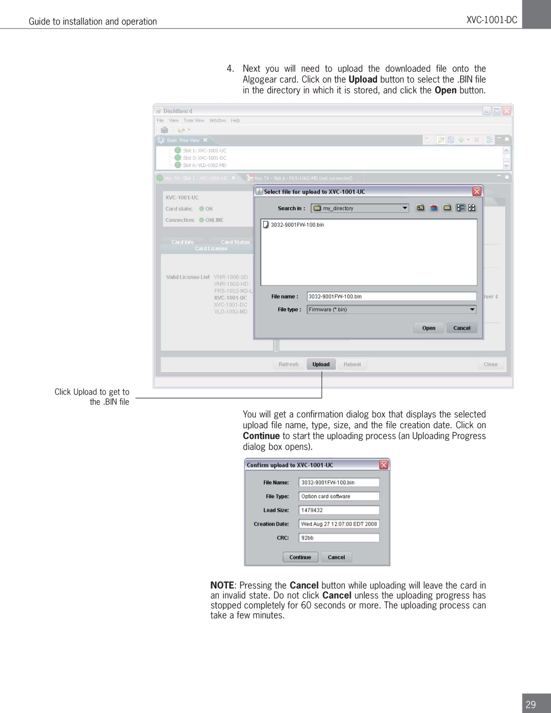 Algolith XVC-1001-DC operation manual Click Upload to get to the .BIN file 