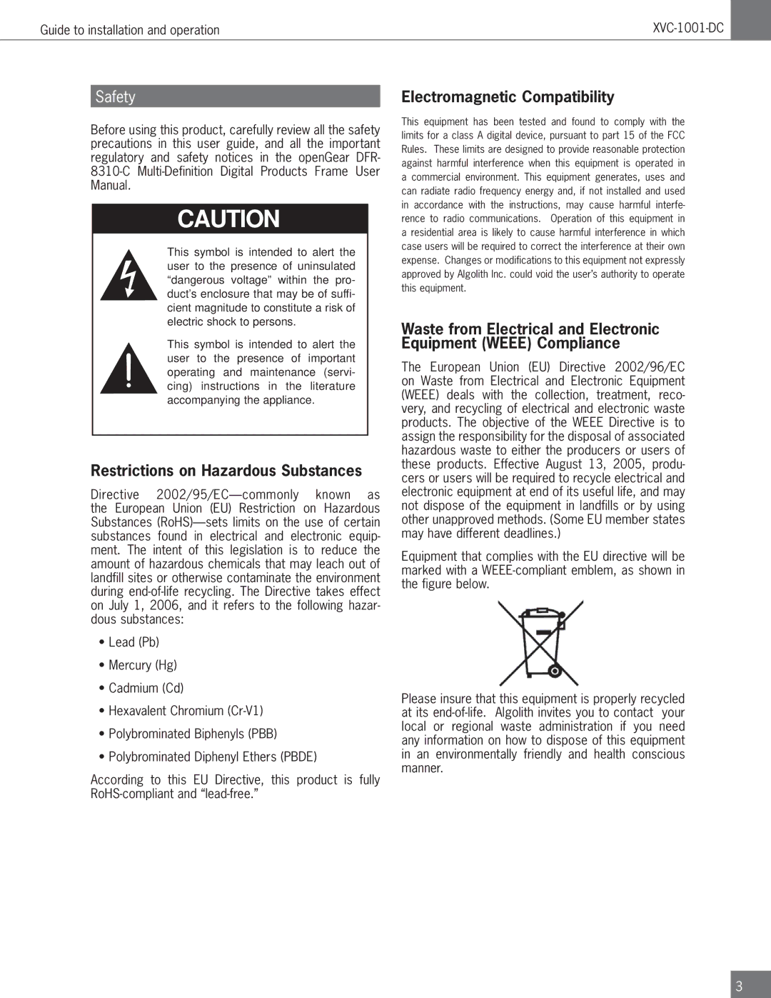 Algolith XVC-1001-DC operation manual Restrictions on Hazardous Substances, Electromagnetic Compatibility 