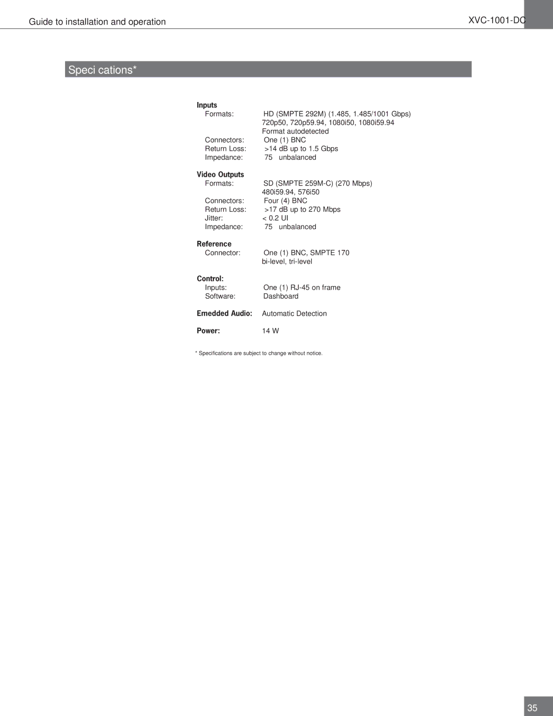 Algolith XVC-1001-DC operation manual Speciﬁ cations, Inputs 