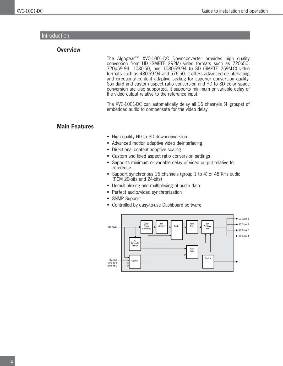 Algolith XVC-1001-DC operation manual Overview, Main Features 