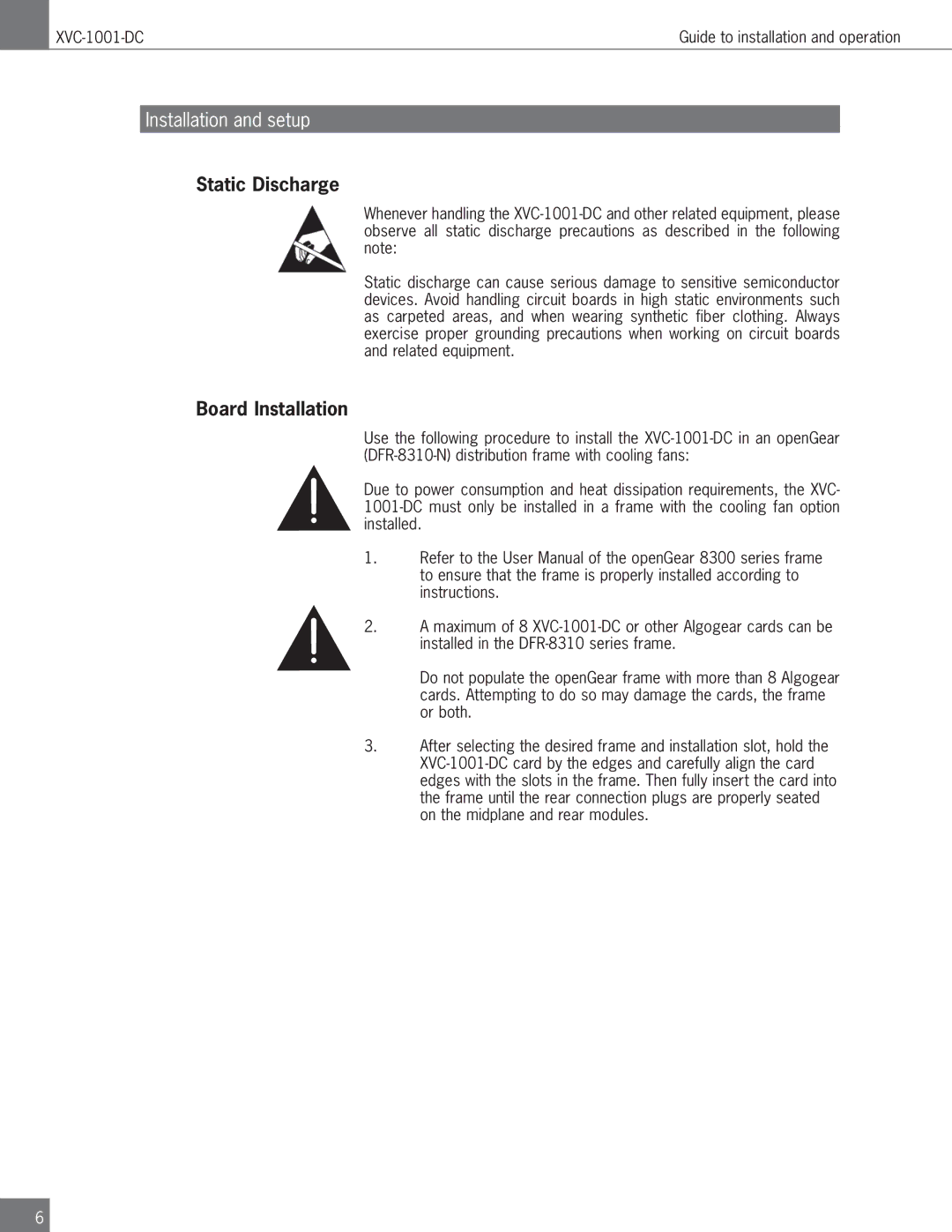 Algolith XVC-1001-DC operation manual Static Discharge, Board Installation 