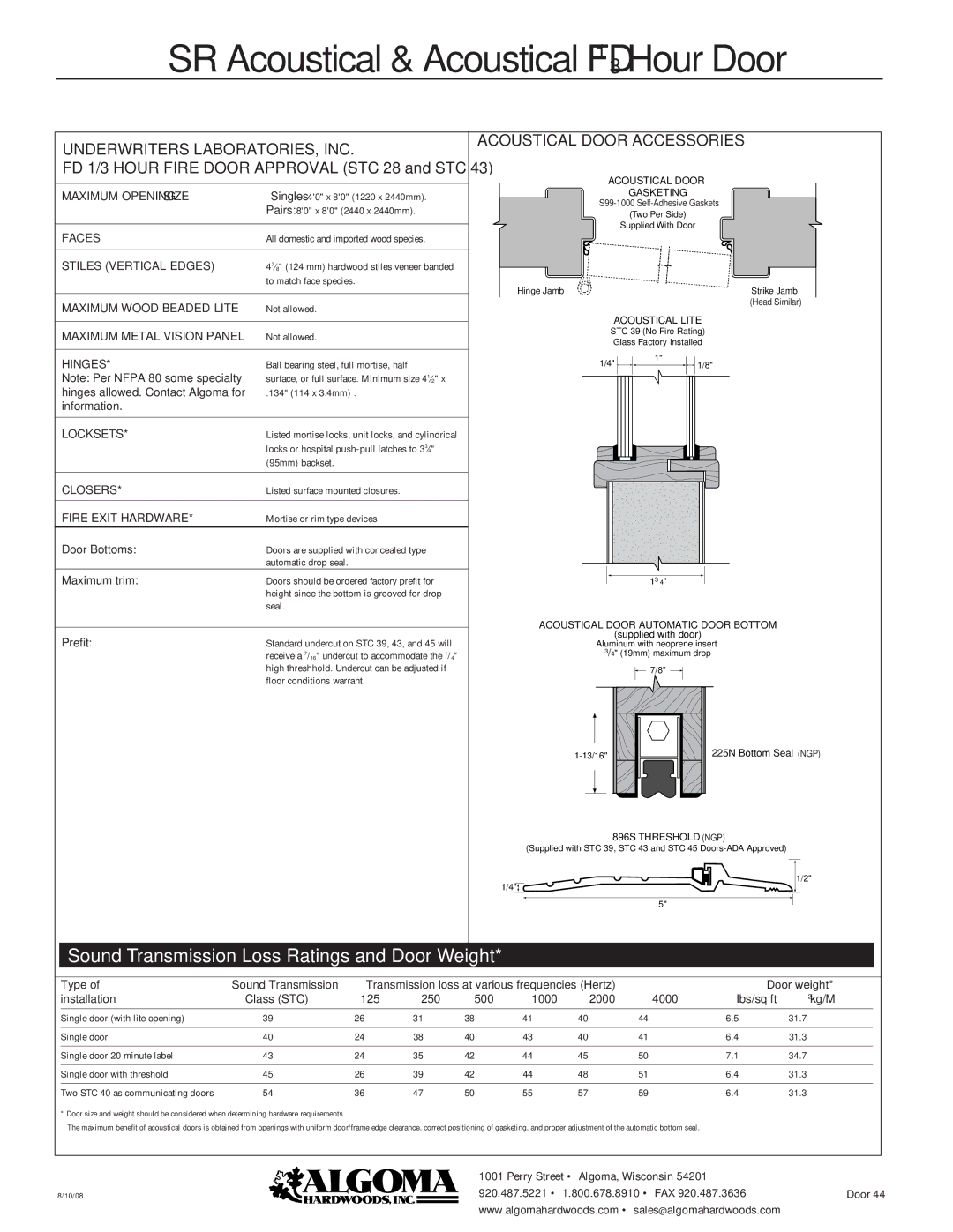 Algoma Hardwoods STC 39, STC 45, STC 43, STC 40 dimensions FD 1/3 Hour Fire Door Approval STC 28 and STC 