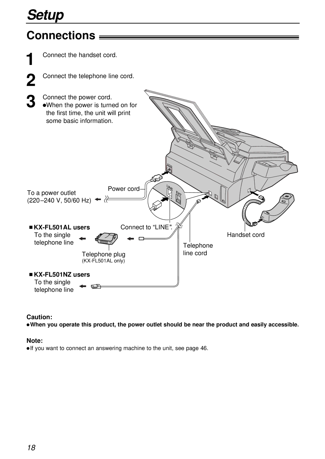 Alice & Law manual Connections, KX-FL501AL users Connect to Line, KX-FL501NZ users To the single 