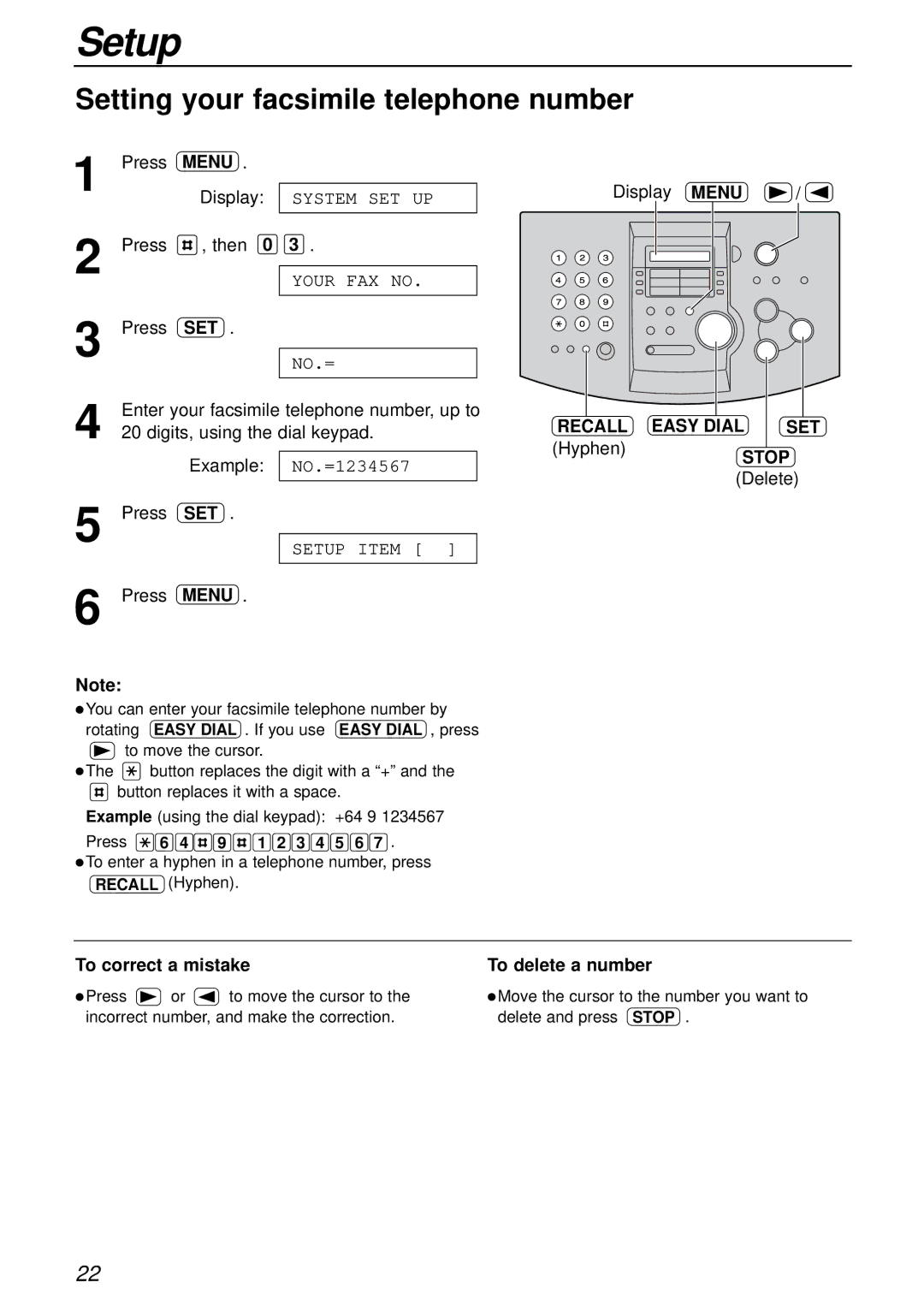 Alice & Law KX-FL501NZ, KX-FL501AL manual Setting your facsimile telephone number, To correct a mistake To delete a number 