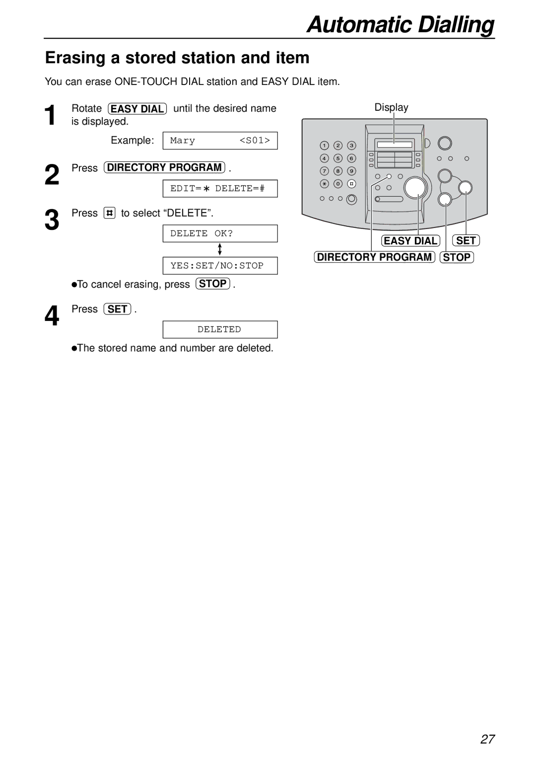 Alice & Law KX-FL501AL, KX-FL501NZ manual Erasing a stored station and item, Easy Dial SET Directory Program Stop 