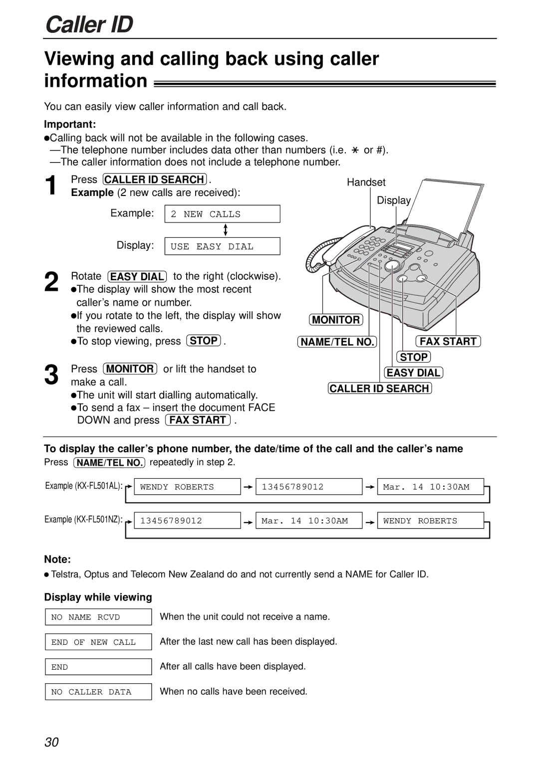 Alice & Law KX-FL501NZ manual Viewing and calling back using caller information, Caller ID Search, Monitor NAME/TEL no 