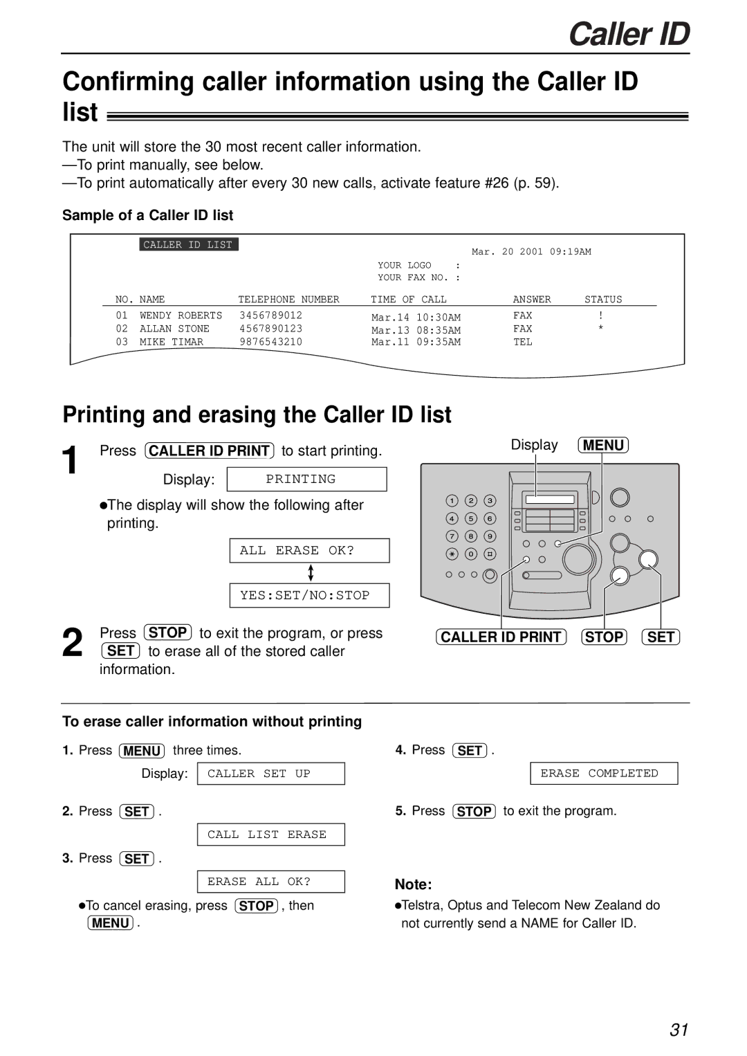 Alice & Law KX-FL501AL Confirming caller information using the Caller ID list, Printing and erasing the Caller ID list 