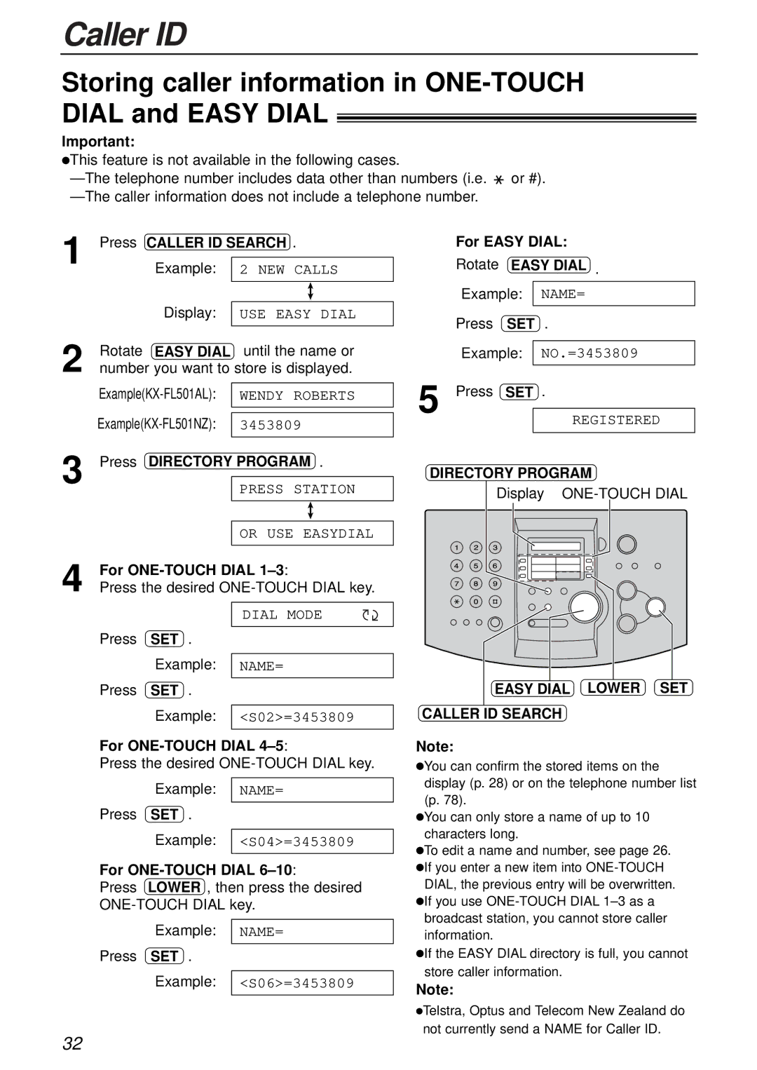 Alice & Law KX-FL501NZ manual Storing caller information in ONE-TOUCH Dial and Easy Dial, For Easy Dial Rotate Easy Dial 