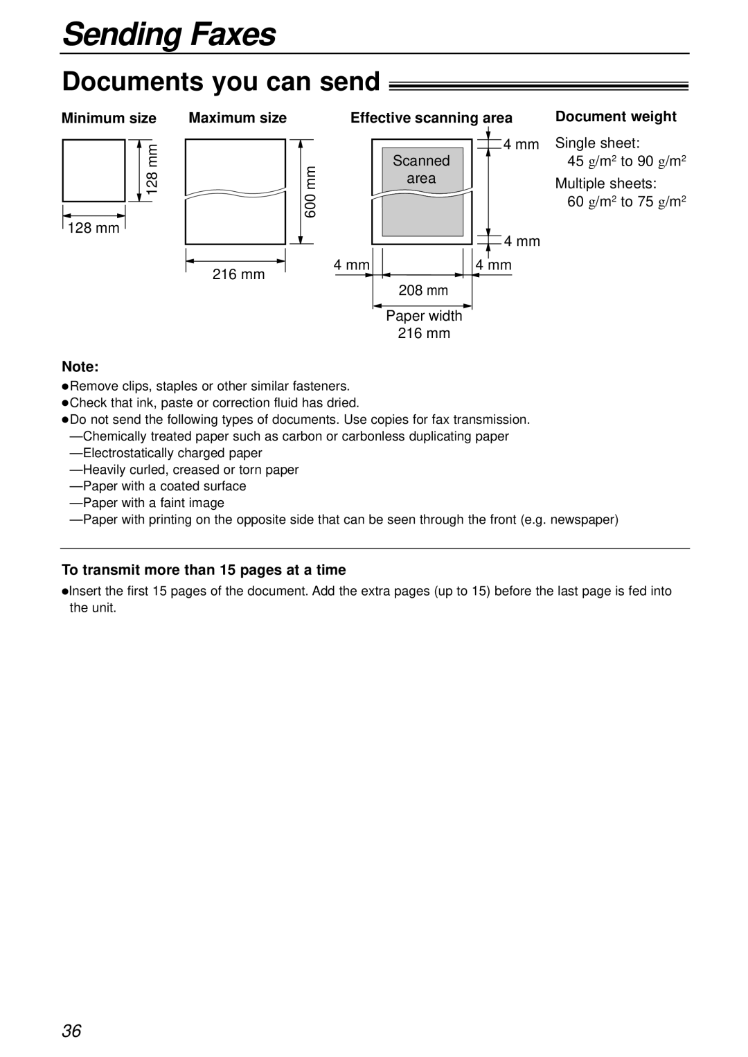 Alice & Law KX-FL501NZ manual Documents you can send, Minimum size, Maximum size, Effective scanning area Document weight 