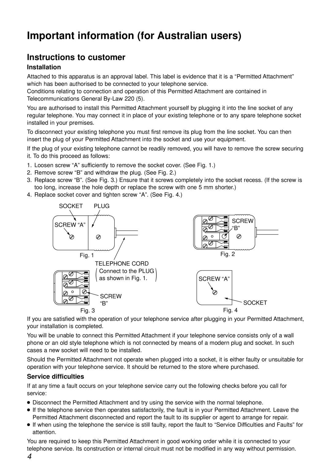 Alice & Law KX-FL501NZ, KX-FL501AL manual Important information for Australian users, Installation, Service difficulties 