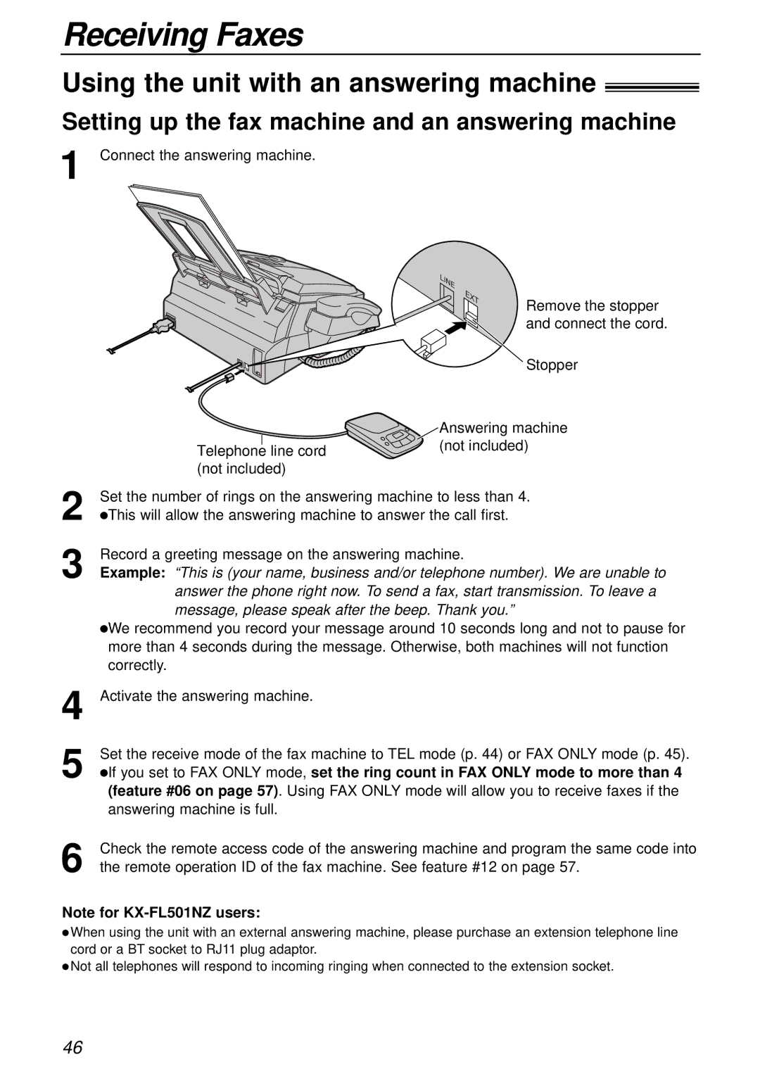 Alice & Law KX-FL501NZ manual Using the unit with an answering machine, Setting up the fax machine and an answering machine 