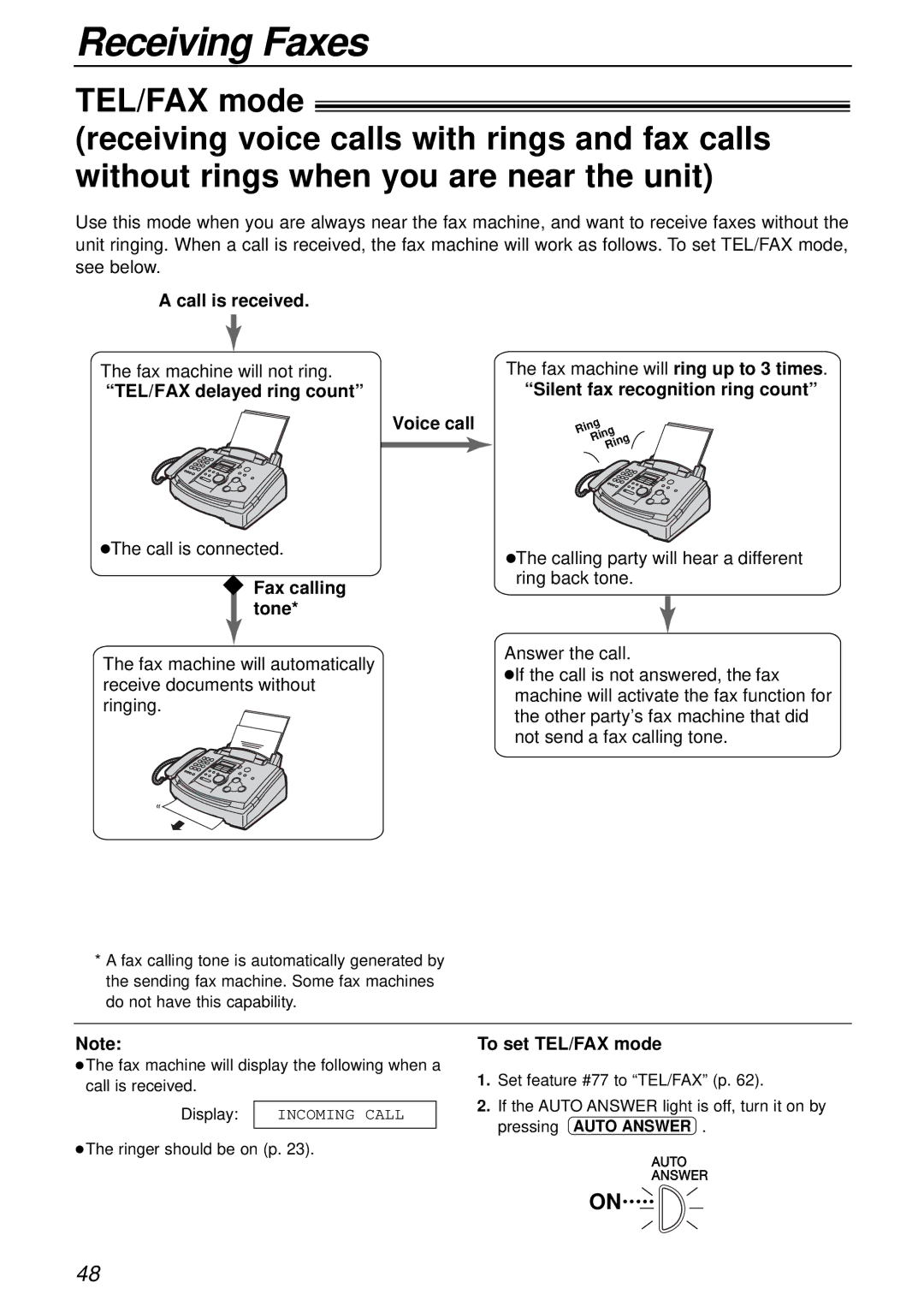 Alice & Law KX-FL501NZ manual Call is received, TEL/FAX delayed ring count Voice call, Silent fax recognition ring count 