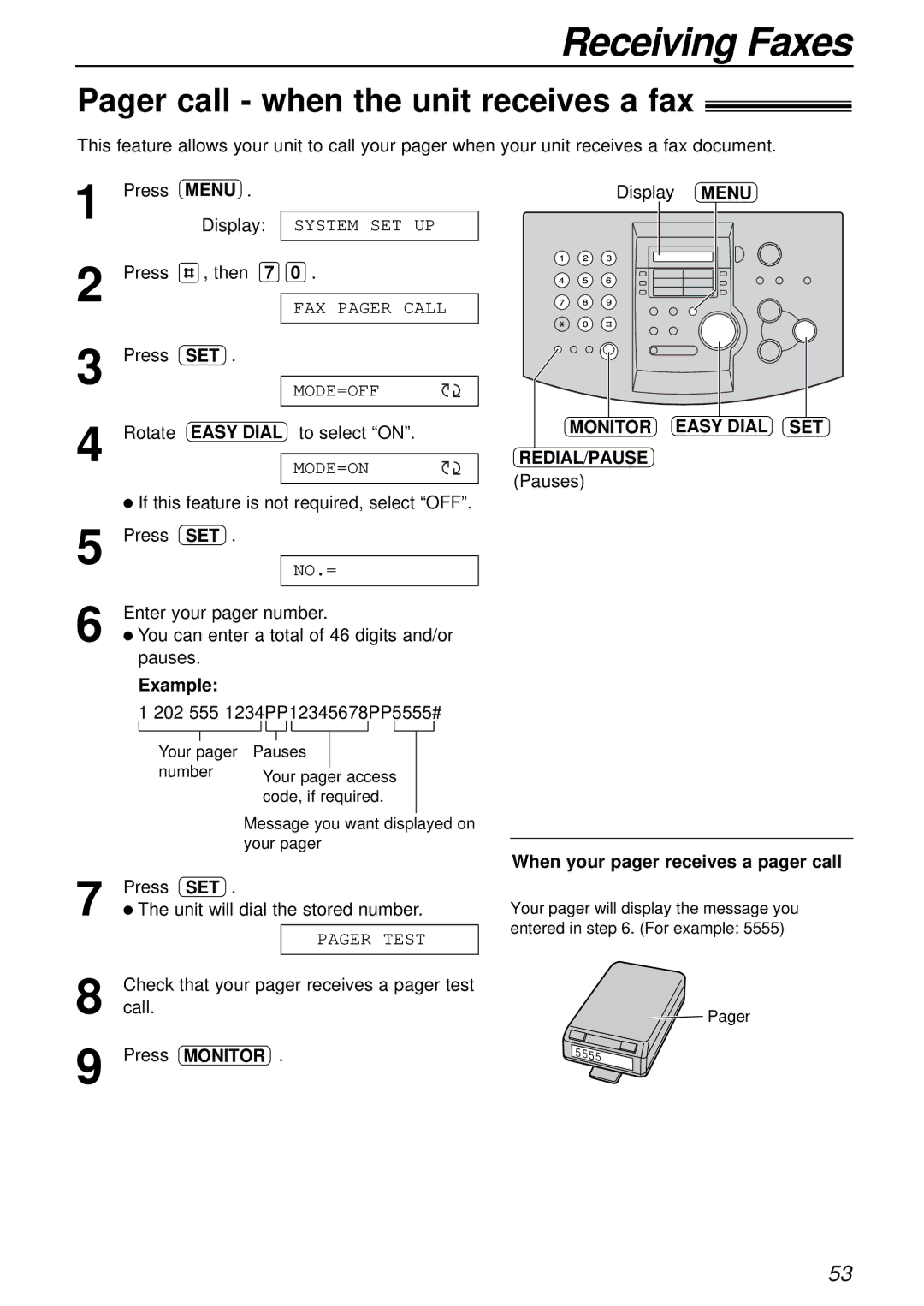 Alice & Law KX-FL501AL manual Pager call when the unit receives a fax, Display, Menu Monitor Easy Dial SET REDIAL/PAUSE 