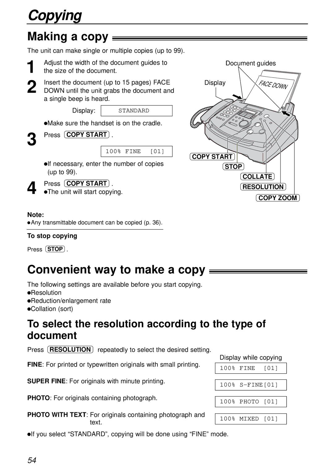 Alice & Law KX-FL501NZ Copying, Making a copy, Convenient way to make a copy, Copy Start Stop Collate Resolution Copy Zoom 