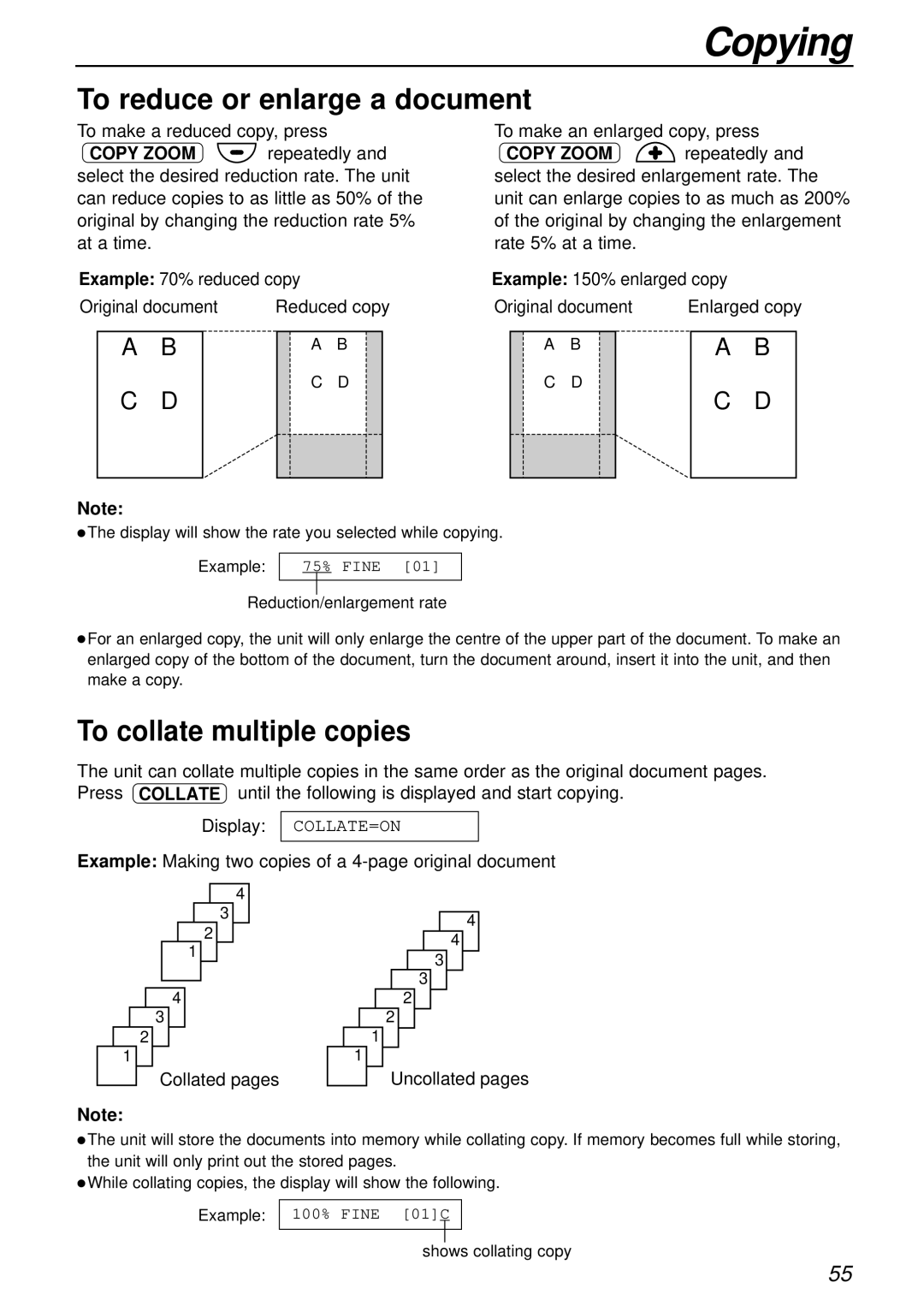 Alice & Law KX-FL501AL, KX-FL501NZ manual To reduce or enlarge a document, To collate multiple copies 