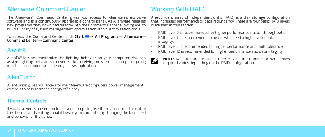 Alienware Aurora manual Alienware Command Center, Working With RAID, AlienFX, AlienFusion, Thermal Controls 
