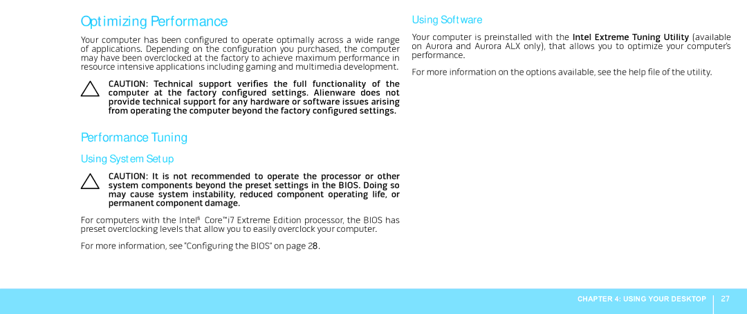 Alienware Aurora manual Optimizing Performance, Performance Tuning, Using System Setup, Using Software 