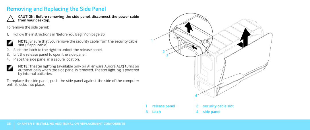 Alienware Aurora manual Removing and Replacing the Side Panel 