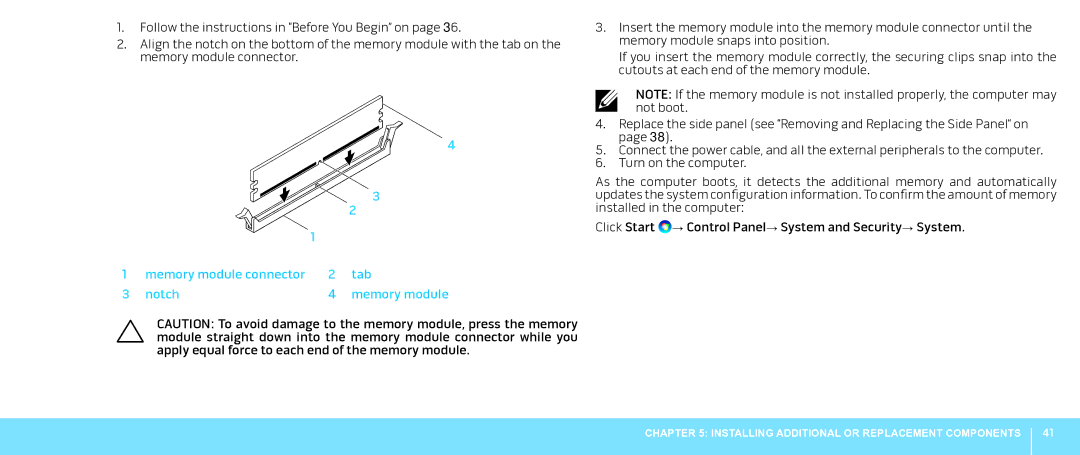 Alienware Aurora manual Memory module connector Tab Notch 