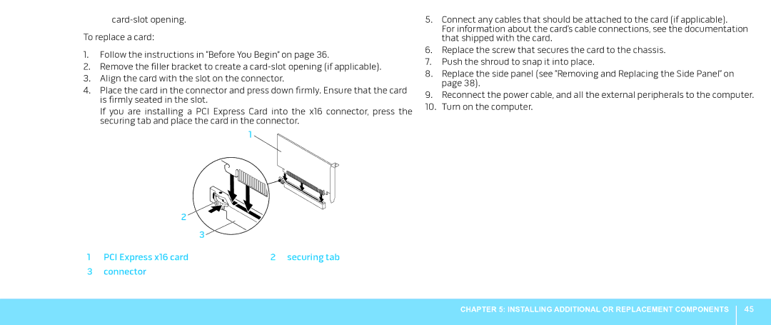 Alienware Aurora manual PCI Express x16 card Securing tab Connector 