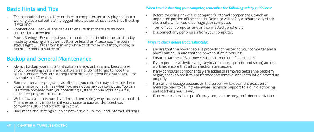 Alienware Aurora manual Basic Hints and Tips, Backup and General Maintenance 