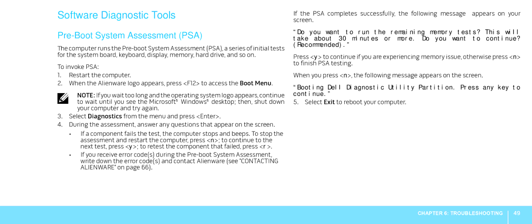 Alienware Aurora manual Software Diagnostic Tools, Pre-Boot System Assessment PSA 