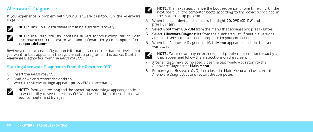 Alienware Aurora manual Starting Alienware Diagnostics From the Resource DVD 